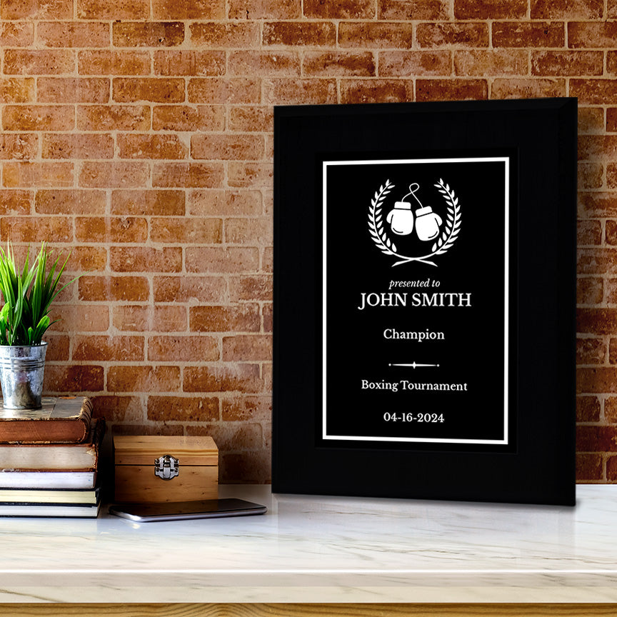 Boxing Customizable Black Frame Wooden Award Plaque | Easel Mount Option | Achievement and Recognition Personalizable Plaques