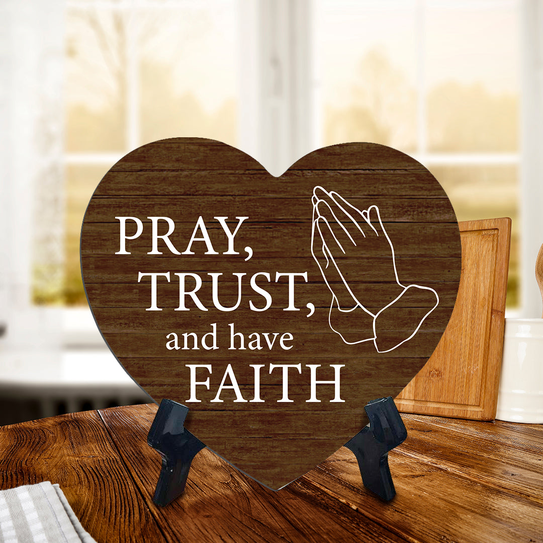 Sign ByLITA Heart Pray, trust, and have faith, Wood Color, Table Sign (6"x5")