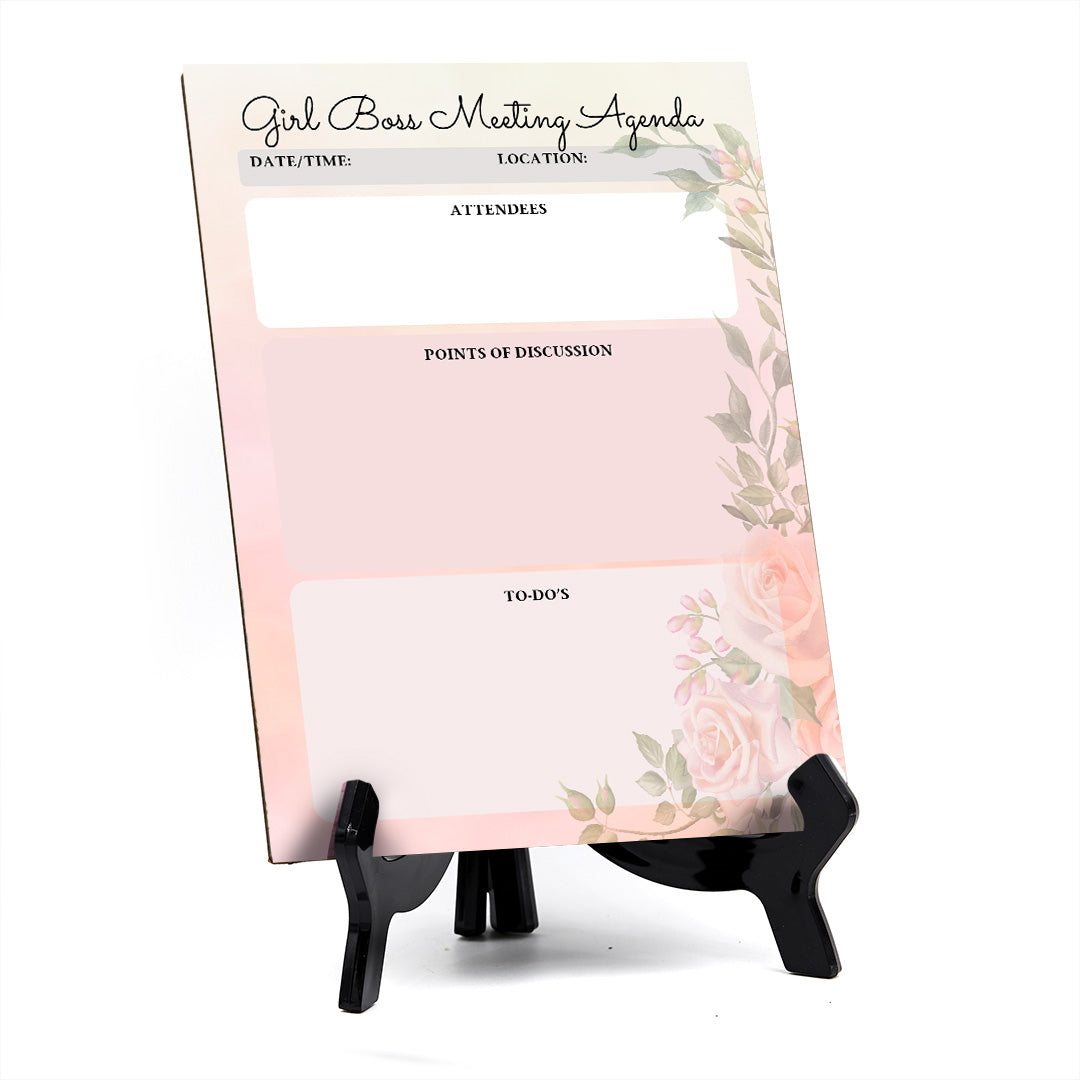 Girl Boss Meeting Agenda Dry Wipe Liquid Chalk Table Sign (6x8") Office And Home Reminders | Personal Schedule | No Pen Included