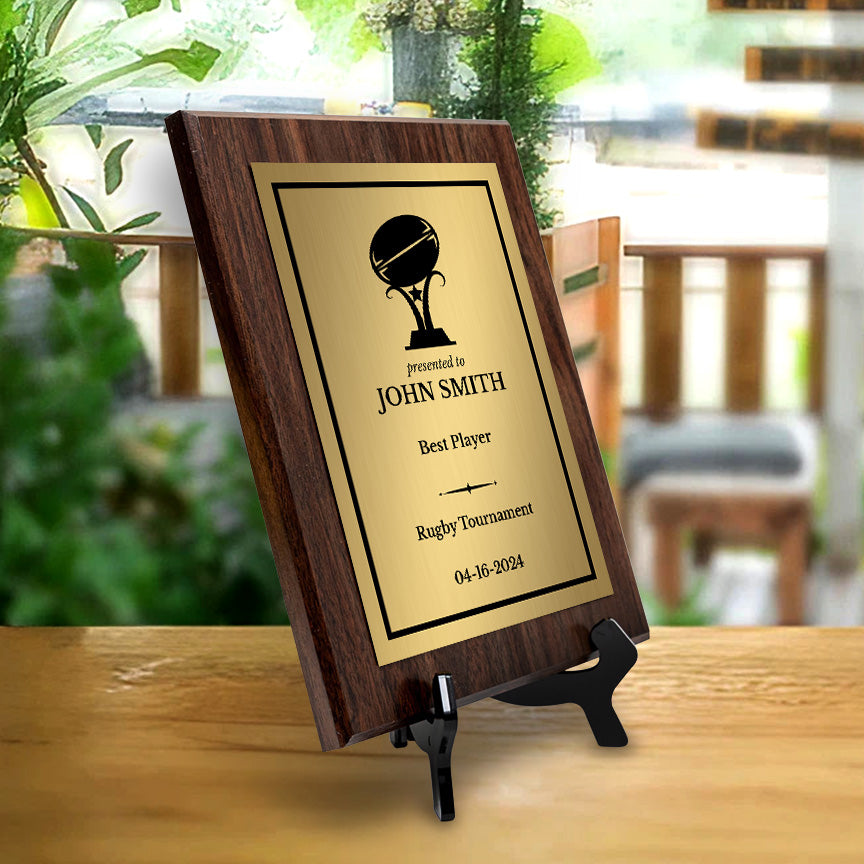 Rugby Customizable Wooden Award Plaque | Easel Mount Option | Achievement and Recognition Personalizable Plaques