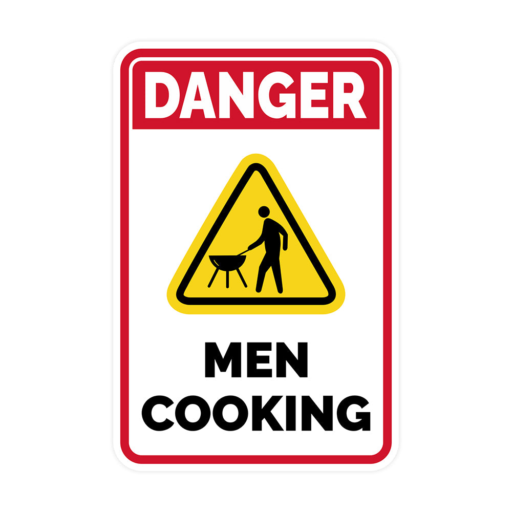 Portrait Round Plus Danger Men Cooking (BBQ) Wall or Door Sign | Easy Installation | Funny Novelty Imitation Warning Signs