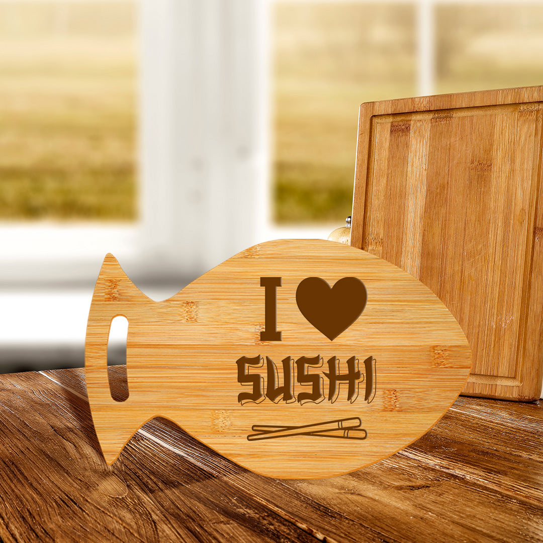 I Love Sushi 14 x 8.5" Fish Shape Cutting Board | Decorative Kitchen Accessory For Sushi Lovers