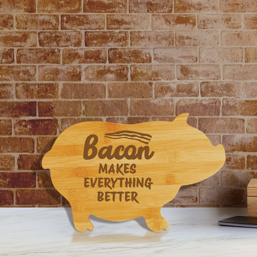 Bacon makes everything better (13.75 x 8.75") Pig Shape Cutting Board | Funny Decorative Kitchen Chopping Board