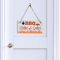 BBQ Chillin' & Grillin' 5x10 Hanging Plus Wall or Door Sign | Funny Home Decor