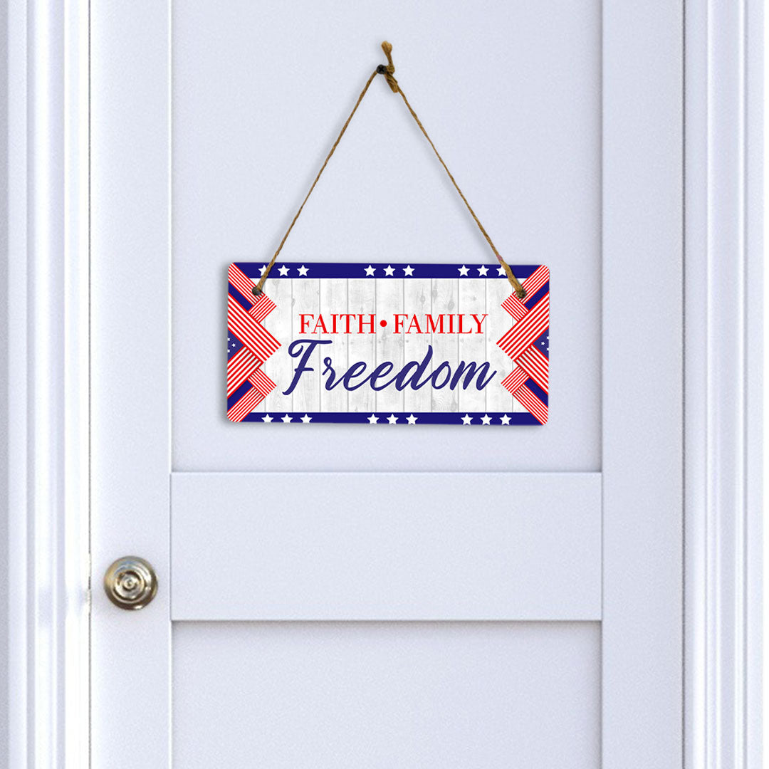 Faith Family Freedom 5x10 Hanging Plus Wall or Door Sign | USA Home Decor