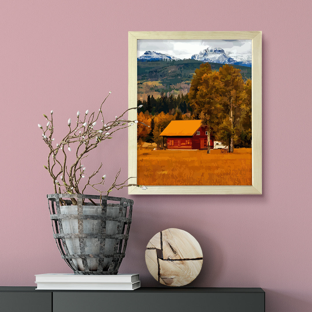 Rustic Fall Mountain Farm Scene Framed Wall Print Easy Installation | Farm Lifestyle | Stylish Modern Decoration For The Home and Officer