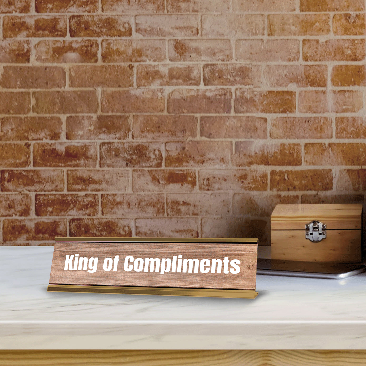 King of Compliments Gold Frame Desk Sign (2x8") | Novelty Workplace and Home Office Decoration For Him