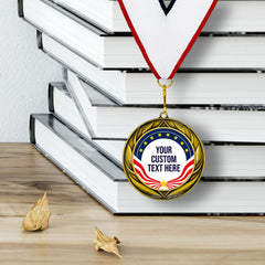 Gold Star Custom Personalized Wreath Design Medal | Choice of Ribbon | USA Flag Personalized Award