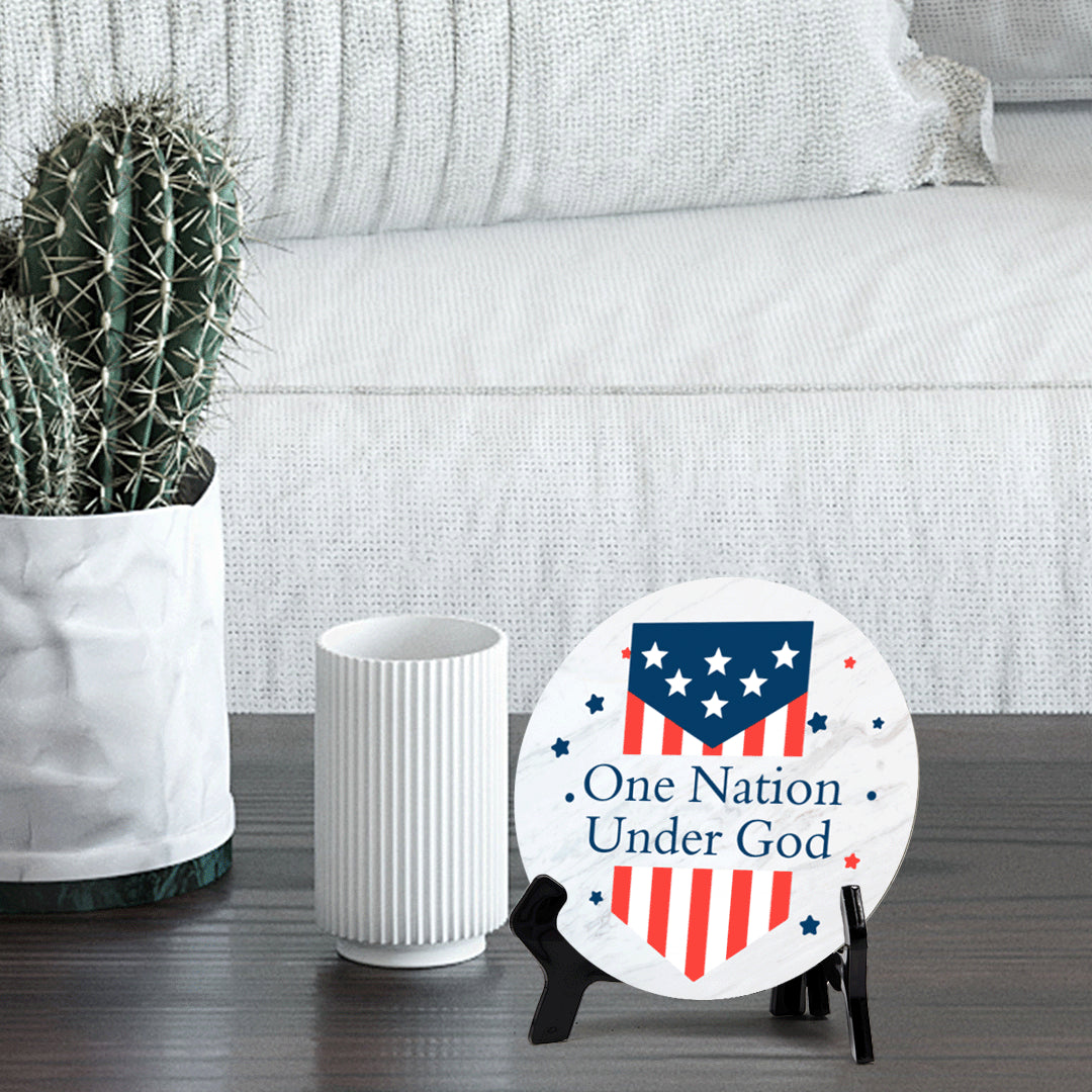 One Nation Under God (5 x 5“) Circle Table Sign with Acrylic Stand | American Pride Decoration