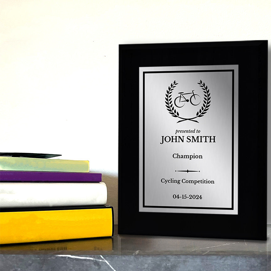 Cycling Customizable Black Frame Wooden Award Plaque | Easel Mount Option | Achievement and Recognition Personalizable Plaques