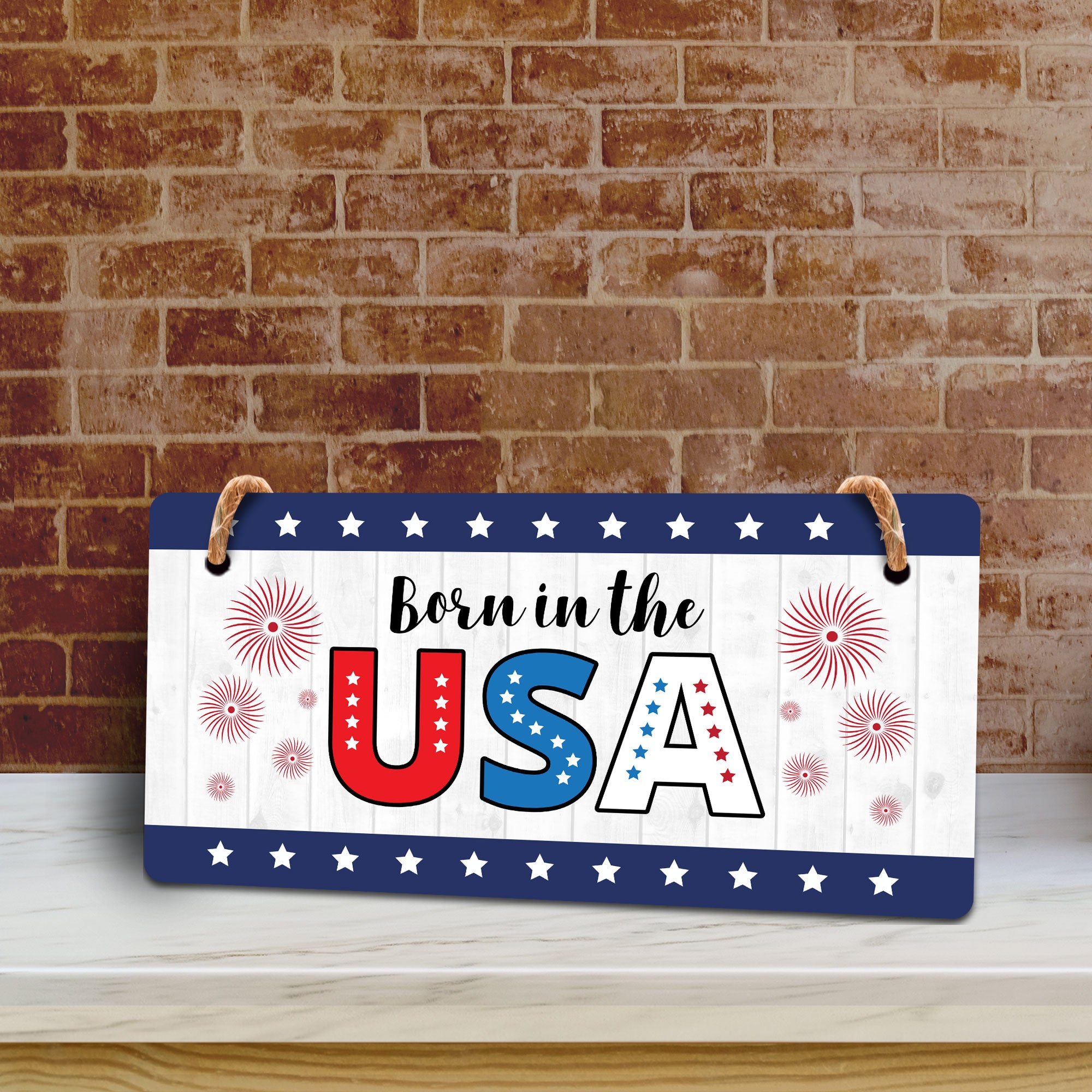 Born In The USA 5x10 Hanging Plus Wall or Door Sign | Patriotic Home & Office Decor