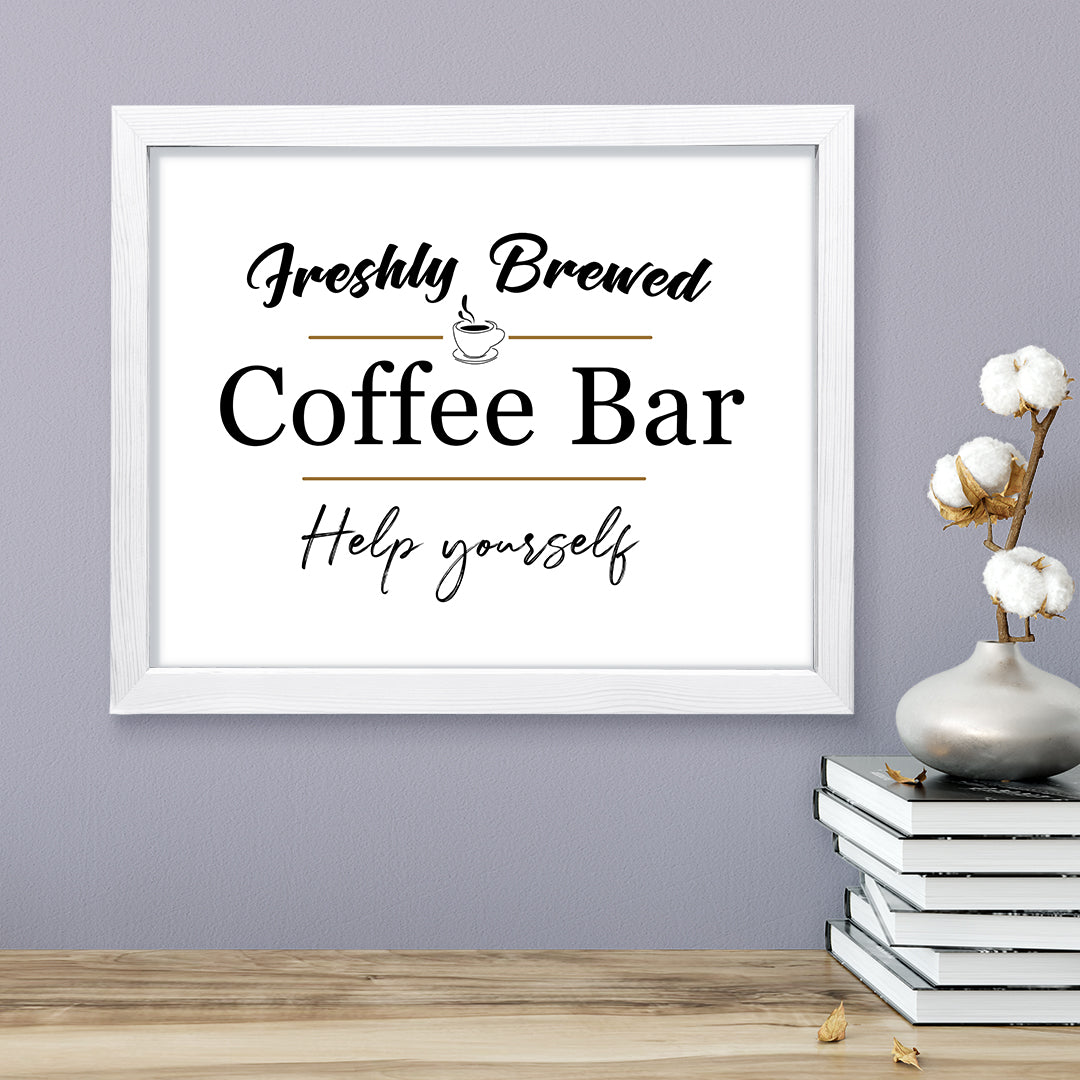 Freshly Brewed Coffee Bar Help Yourself, Framed Wall Art, Home Décor Prints