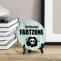 Round Beware Fart Zone, Decorative Bathroom Table Sign with Acrylic Easel (5" x 5")