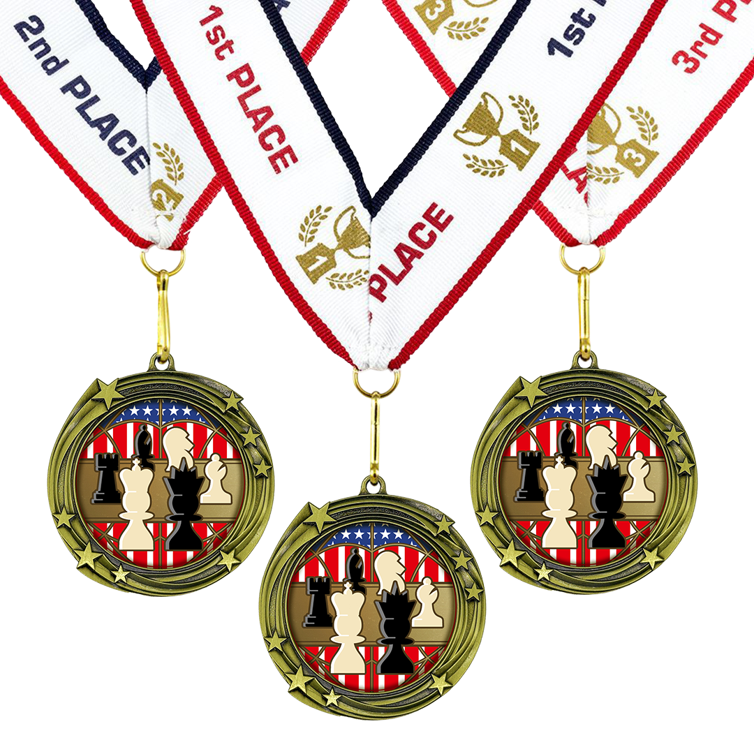 All Quality Chess Swirling Stars Design Medal - 1st, 2nd, 3rd Place