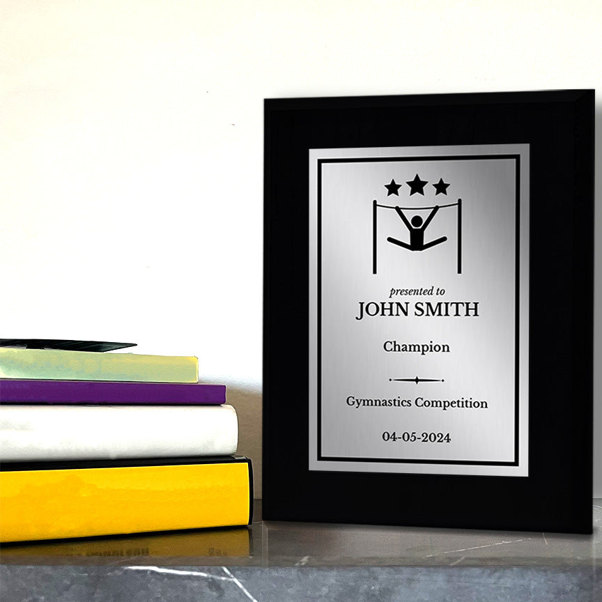 Gymnastics Customizable Black Frame Wooden Award Plaque | Easel Mount Option | Achievement and Recognition Personalizable Plaques