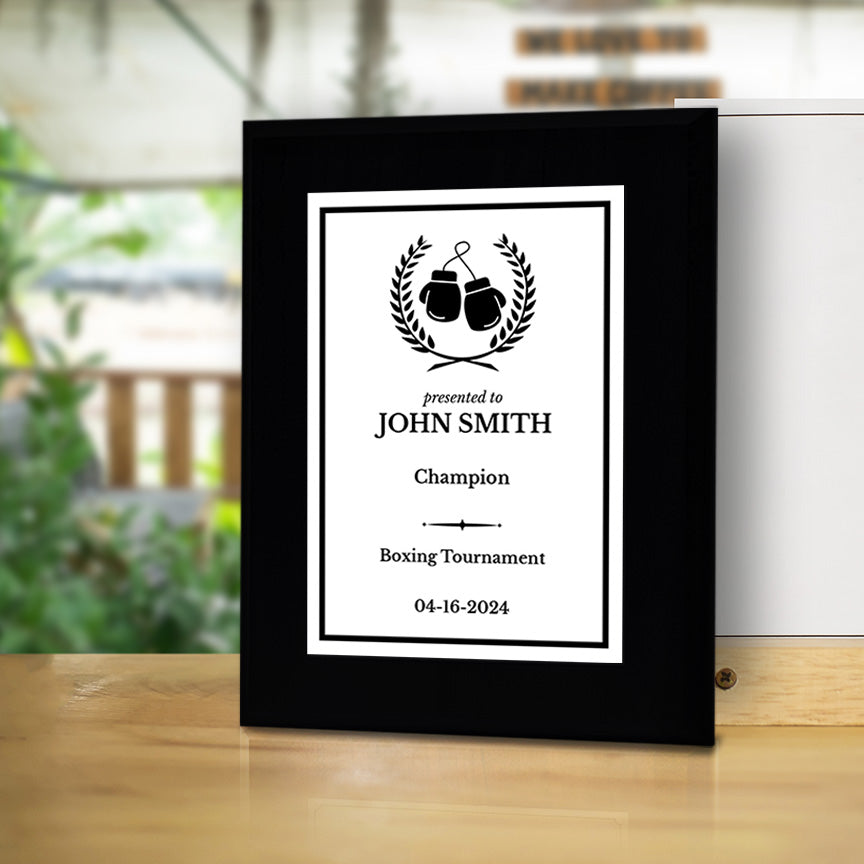 Boxing Customizable Black Frame Wooden Award Plaque | Easel Mount Option | Achievement and Recognition Personalizable Plaques