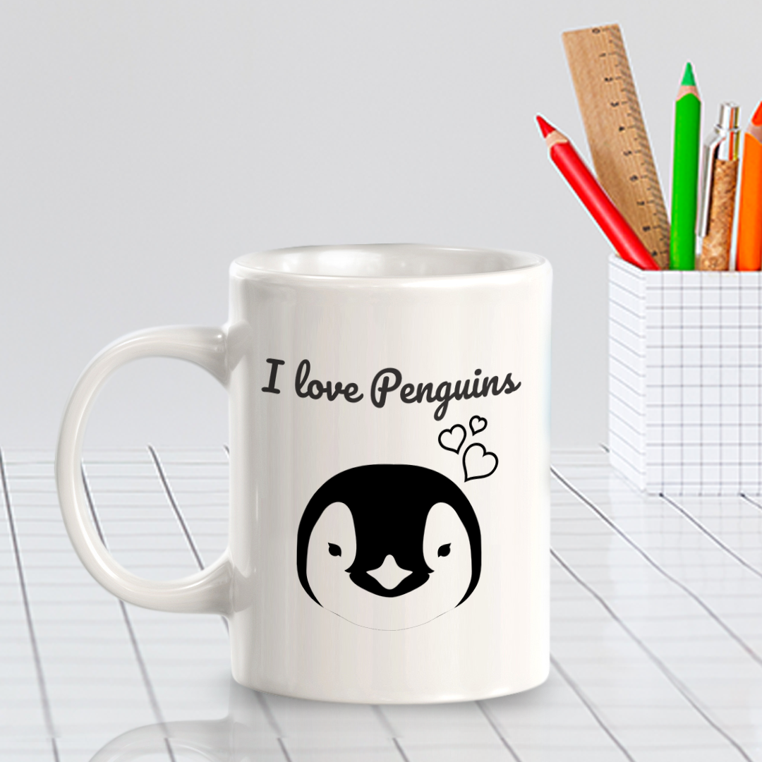 I love Penguins 11oz Plastic or Ceramic Coffee Mug | Funny Animal Mugs