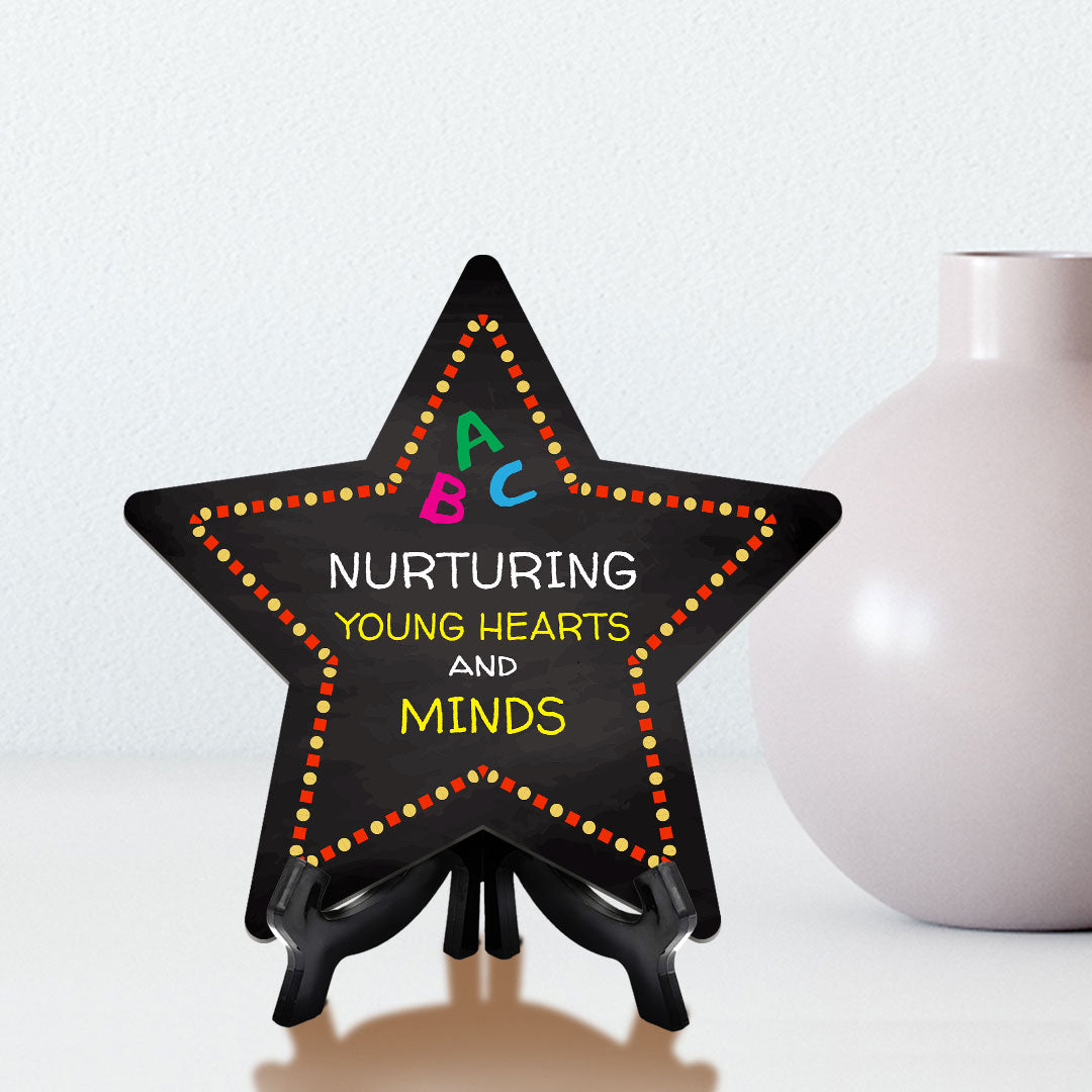 Signs ByLITA Nurturing Young Hearts and Minds Star Table Sign with Acrylic Stand (7.5x7.5“) Development | Kindergarten Classroom Essentials | Nurture Young Minds | Fun & Educational Supplies | Easy to Read | Includes Easel Stand