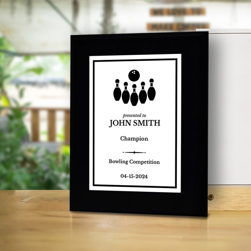 Bowling Customizable Black Frame Wooden Award Plaque | Easel Mount Option | Achievement and Recognition Personalizable Plaques