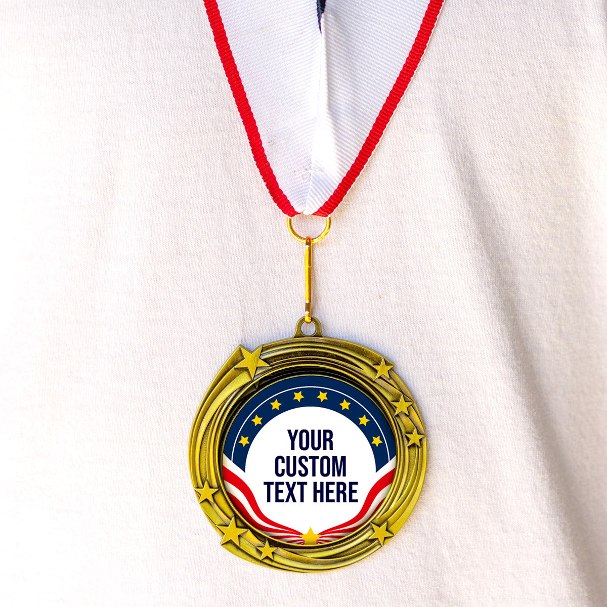 Gold Star Custom Personalized Stars Design Medal | Choice of Ribbon | USA Flag Personalized Award