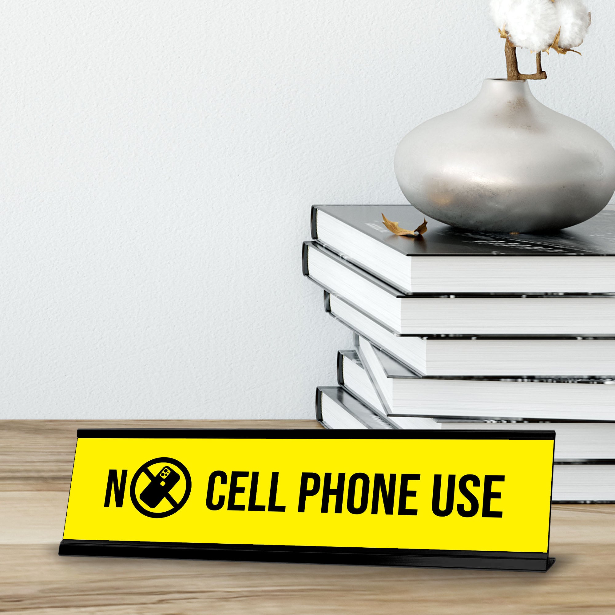 No Cell Phone Use Yellow Black Frame, Desk Sign (2 x 8")