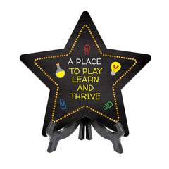 Sign ByLITA A Place to Play, Learn, and Thrive Star Table Sign with Acrylic Stand (7.5x7.5“) Development | Kindergarten Classroom Essentials | Nurture Young Minds | Fun & Educational Supplies | Easy to Read | Includes Easel Stand