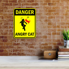 Portrait Round Plus Danger Angry Cat Door or Wall Sign | Funny Warning Sign For Decoration