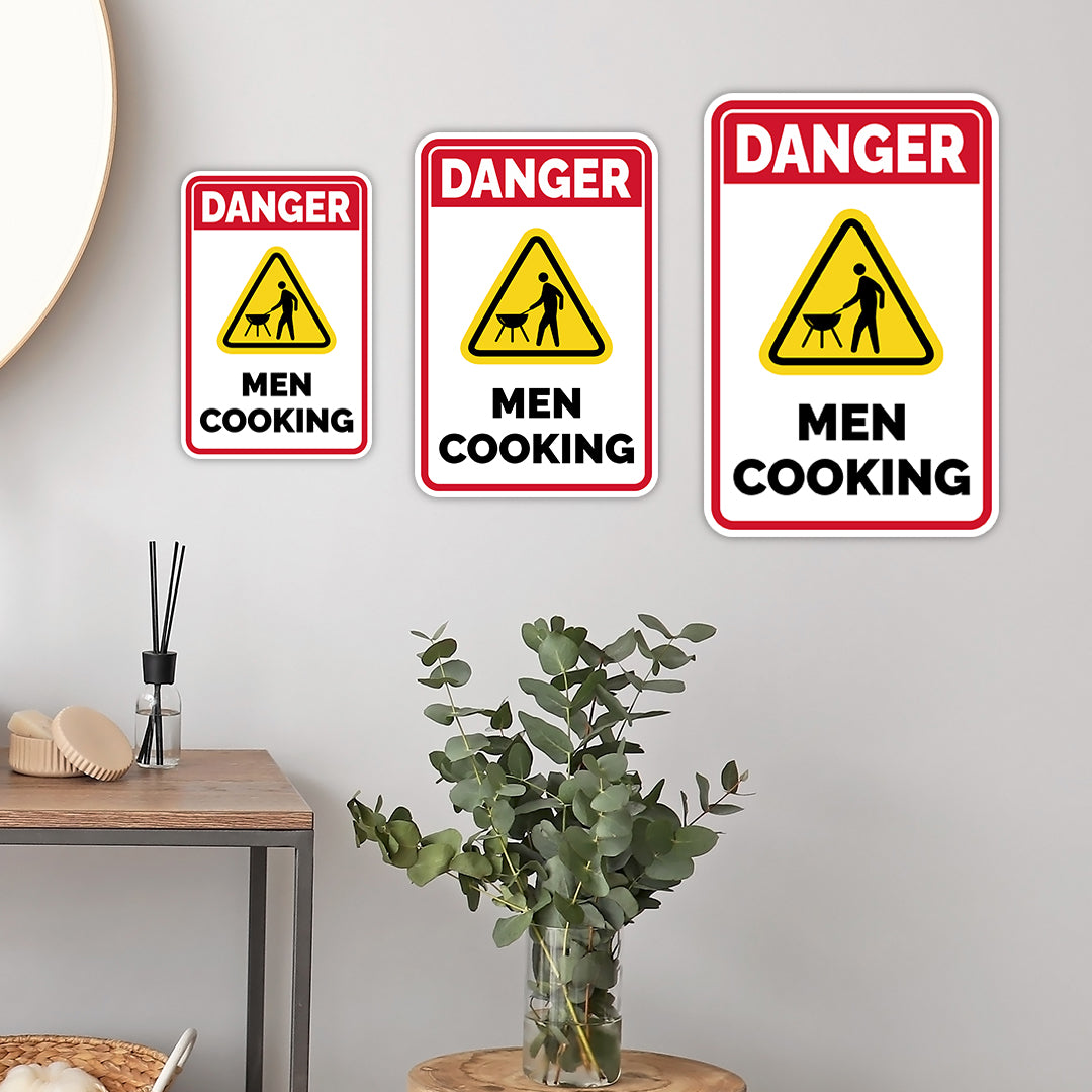 Portrait Round Plus Danger Men Cooking (BBQ) Wall or Door Sign | Easy Installation | Funny Novelty Imitation Warning Signs