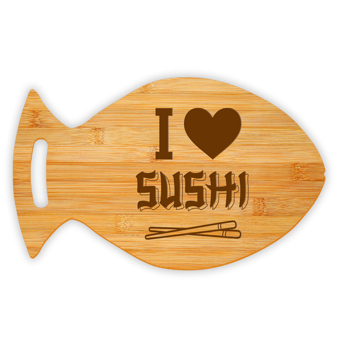 I Love Sushi 14 x 8.5" Fish Shape Cutting Board | Decorative Kitchen Accessory For Sushi Lovers