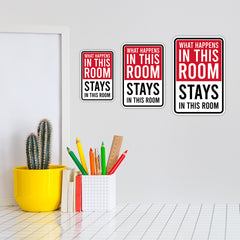 Portrait Round Plus What Happens In This Room Stays In This Room Wall or Door Sign | Easy Installation | Funny Novelty Imitation Warning Signs