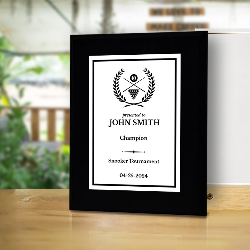 Pool or Snooker Customizable Black Frame Wooden Award Plaque | Easel Mount Option | Achievement and Recognition Personalizable Plaques | Sports Award