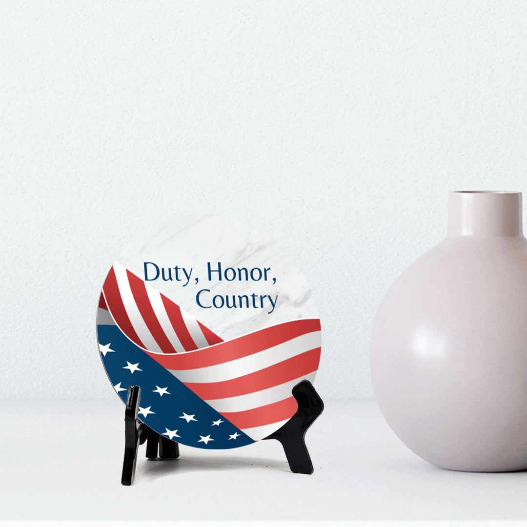 Duty, Honor, Country (5 x 5“) Circle Table Sign with Acrylic Stand | American Pride Decoration