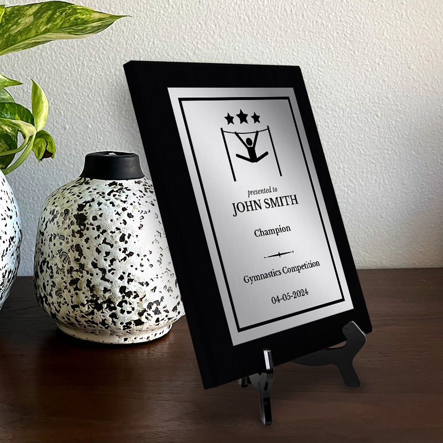 Gymnastics Customizable Black Frame Wooden Award Plaque | Easel Mount Option | Achievement and Recognition Personalizable Plaques