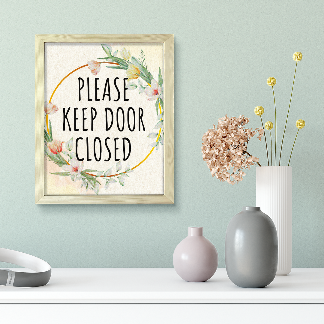 Signs ByLITA Please Keep Door Closed, Floral FRAMED Print Short Term Rentals Guest Signage Hospitality Wall Art