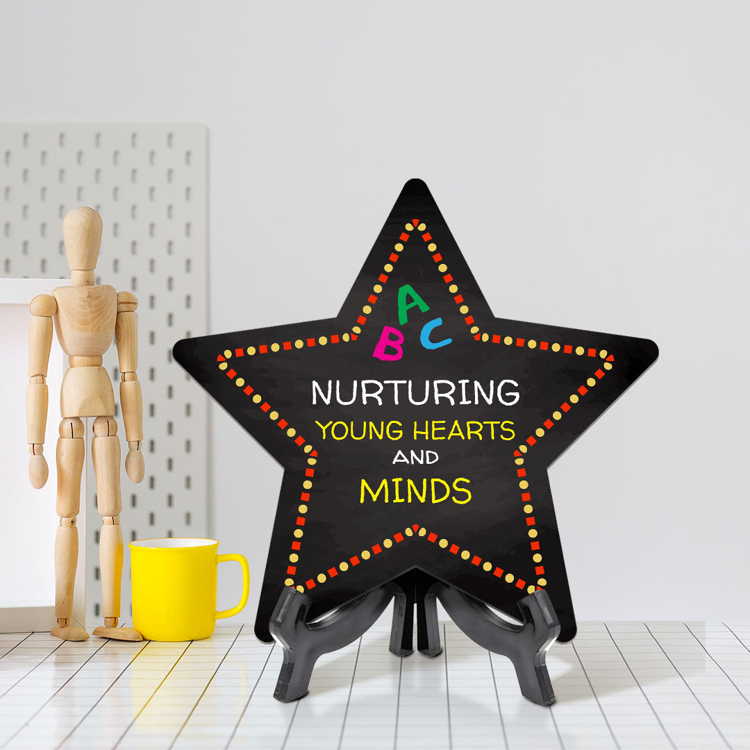 Signs ByLITA Nurturing Young Hearts and Minds Star Table Sign with Acrylic Stand (7.5x7.5“) Development | Kindergarten Classroom Essentials | Nurture Young Minds | Fun & Educational Supplies | Easy to Read | Includes Easel Stand