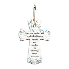 Love one another with brotherly affection. Outdo one another in showing honor. Romans 12:10 11.5" x 8" Cross Hanging Sign | Rustic Twine | Inspiring Religious Bible Decor