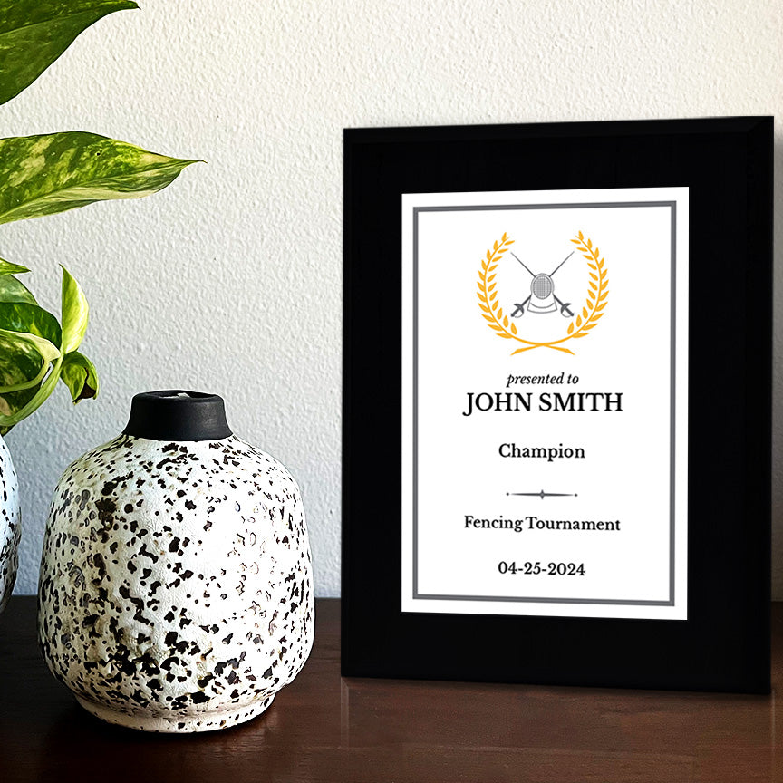 Fencing Customizable Black Frame Wooden Award Plaque | Easel Mount Option | Achievement and Recognition Personalizable Plaques | Sports Award