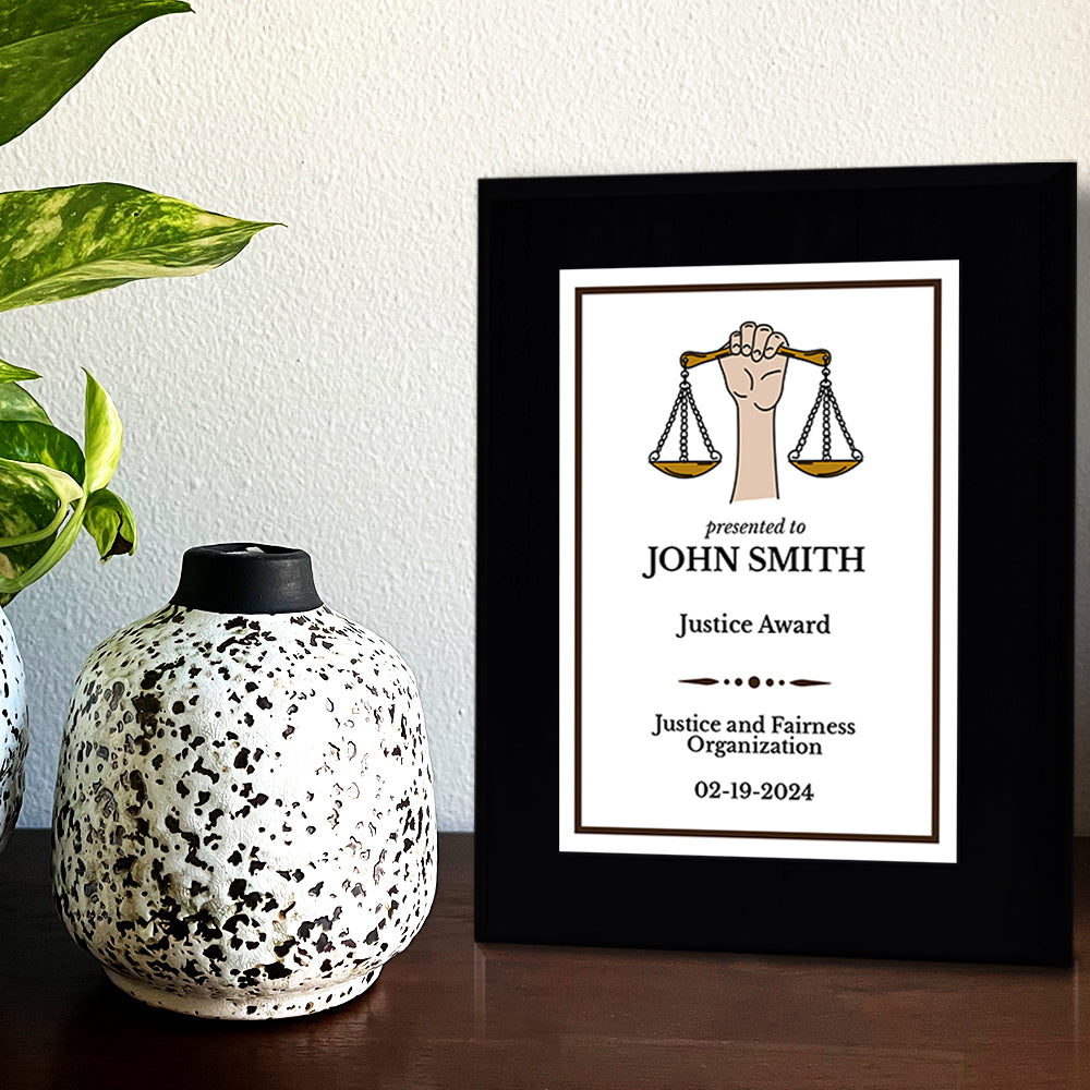 Legal and Justice Theme Customizable Black Frame Award Plaque | Easel Mount Option | Achievement and Service Personalizable Plaques