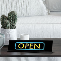 Open, Black Frame, Desk Sign (2x8")