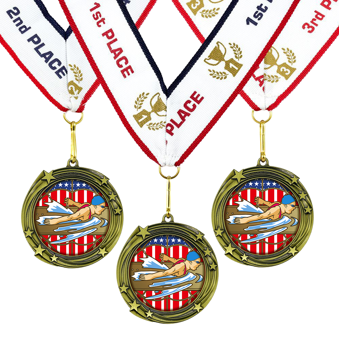 All Quality Swimming Swirling Stars Design Medal - 1st, 2nd, 3rd Place