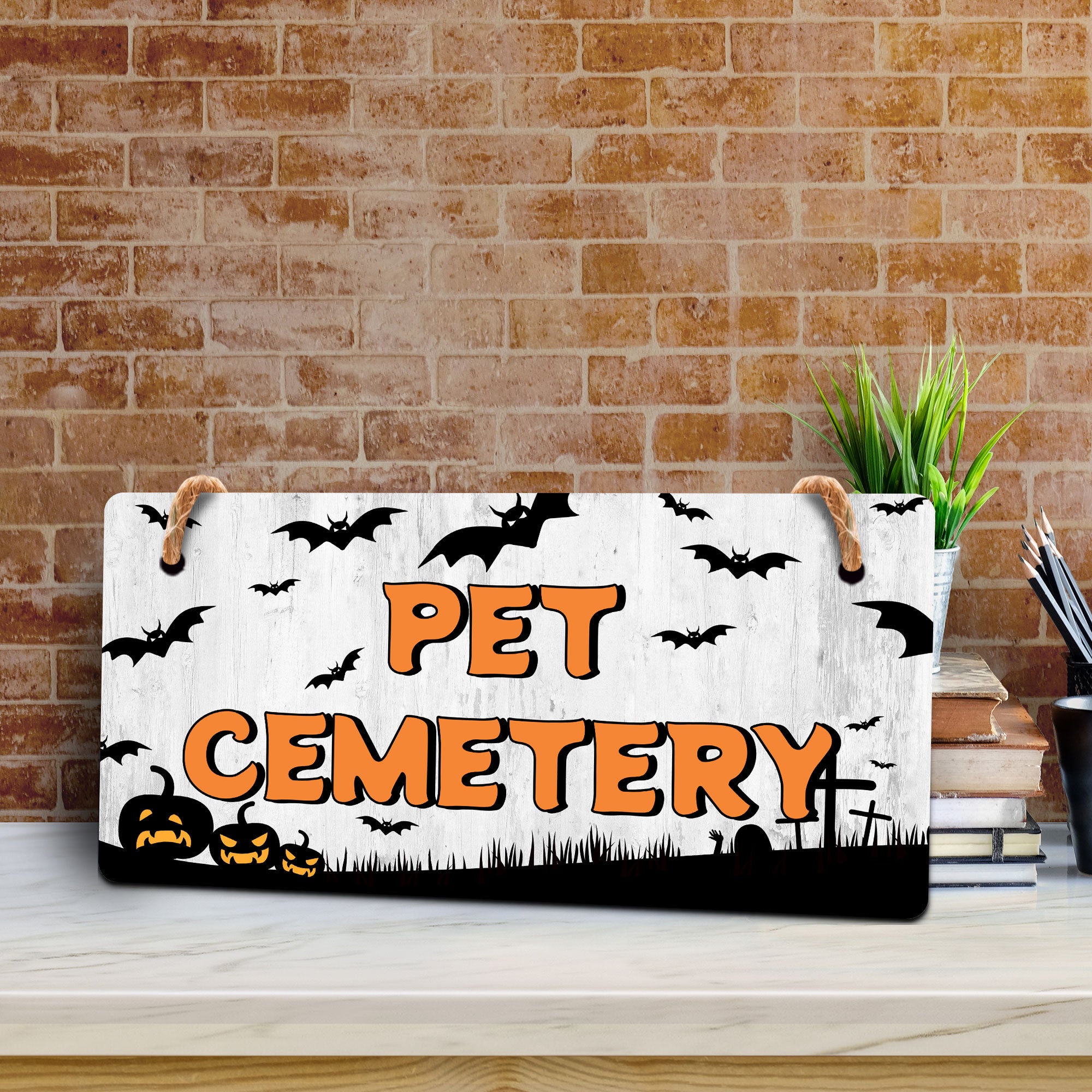 Pet Cemetery 5x10 Hanging Plus Wall or Door Sign | Rustic Twined | Spooky Halloween Decoration