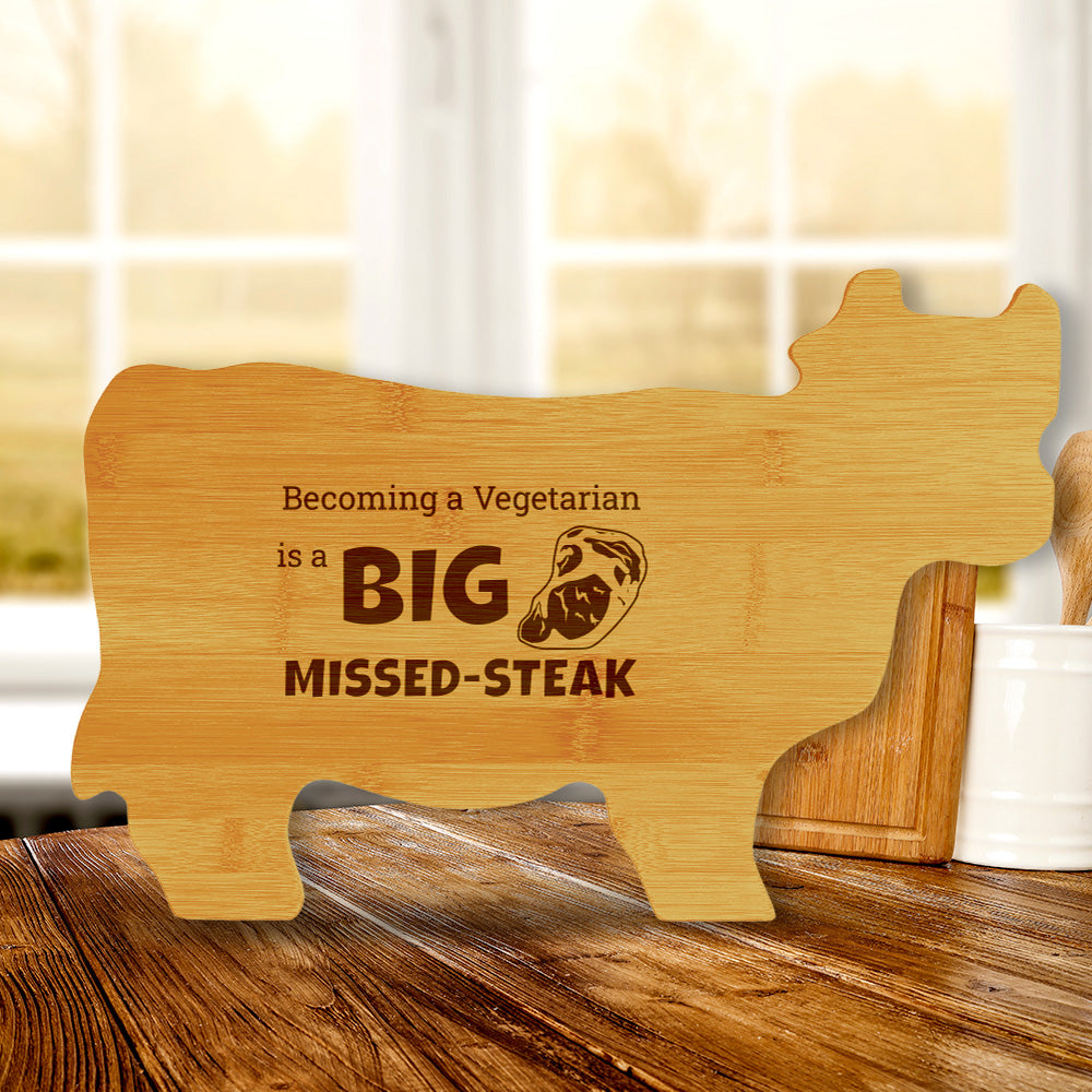 Becoming a Vegetarian is a Big Missed-Steak 14.75 x 9.75" Cow Shape Cutting Board | Funny Kitchen Chopping Board