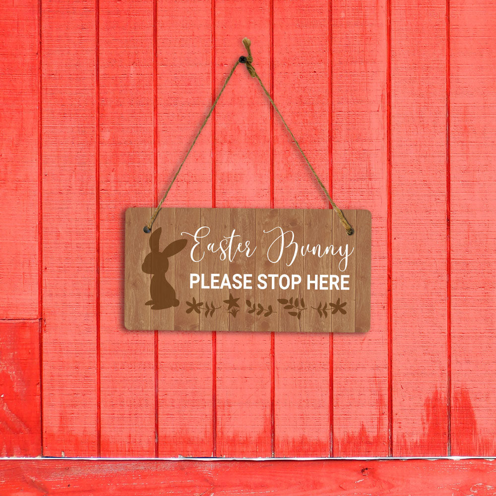 Easter Bunny Please Stop Here 5x10 Hanging Wall or Door Sign | Funny Religious Home Decor