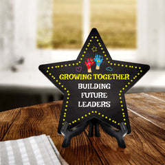 Sign ByLITA Growing Together: Building Future Leaders Star Table Sign with Acrylic Stand (7.5x7.5“) Development | Kindergarten Classroom Essentials | Nurture Young Minds | Fun & Educational Supplies | Easy to Read | Includes Easel Stand