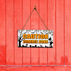 Caution Zombie Zone 5x10 Hanging Plus Wall or Door Sign | Rustic Twined | Spooky Halloween Decoration