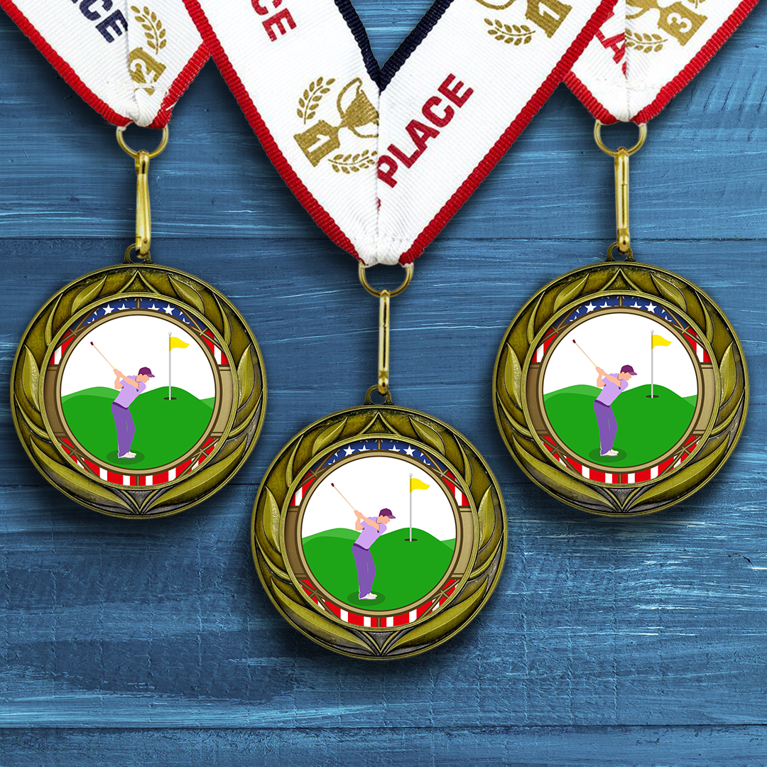 All Quality Golf Wreath Design Medal - 1st, 2nd, 3rd Place