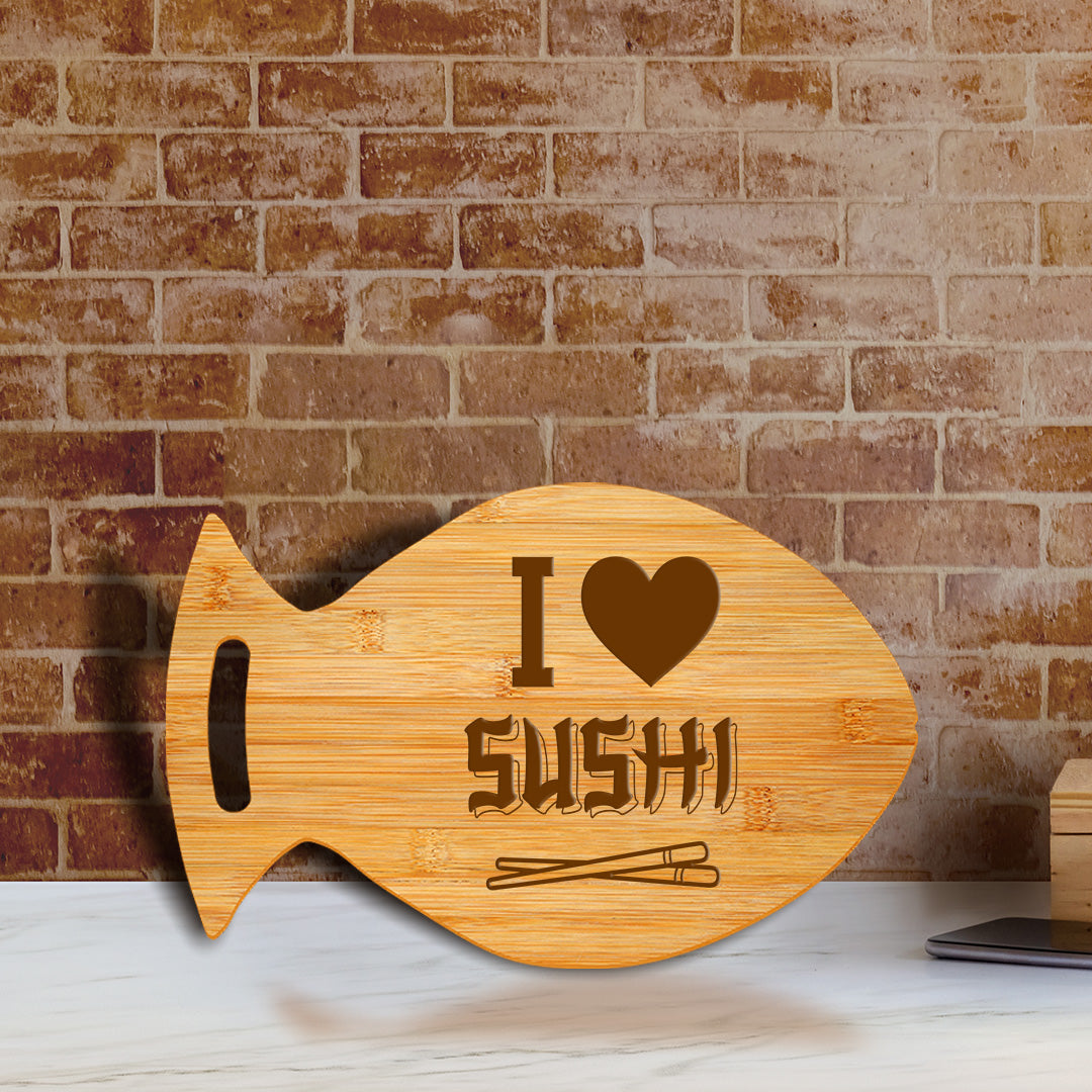 I Love Sushi 14 x 8.5" Fish Shape Cutting Board | Decorative Kitchen Accessory For Sushi Lovers