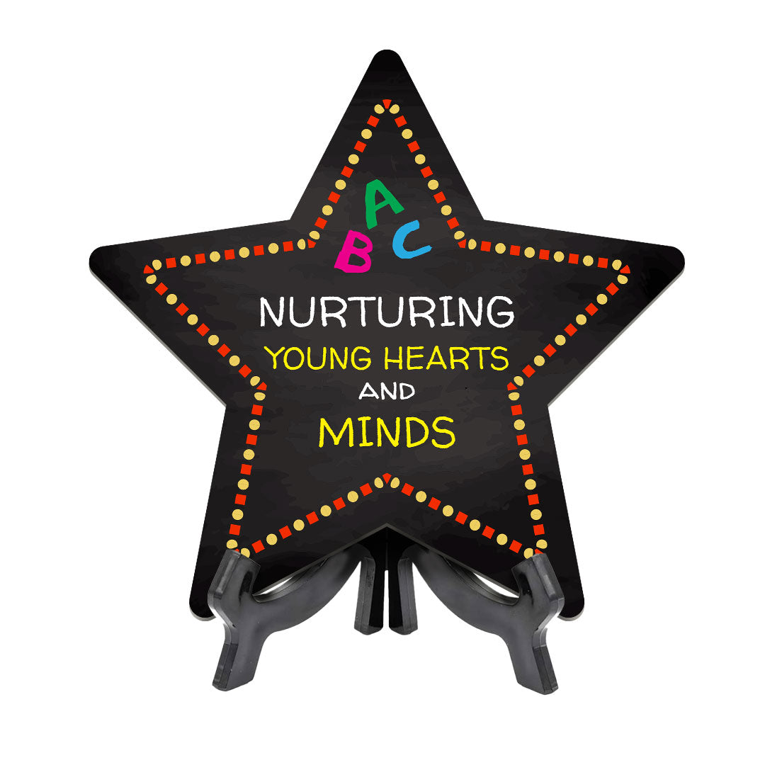 Signs ByLITA Nurturing Young Hearts and Minds Star Table Sign with Acrylic Stand (7.5x7.5“) Development | Kindergarten Classroom Essentials | Nurture Young Minds | Fun & Educational Supplies | Easy to Read | Includes Easel Stand