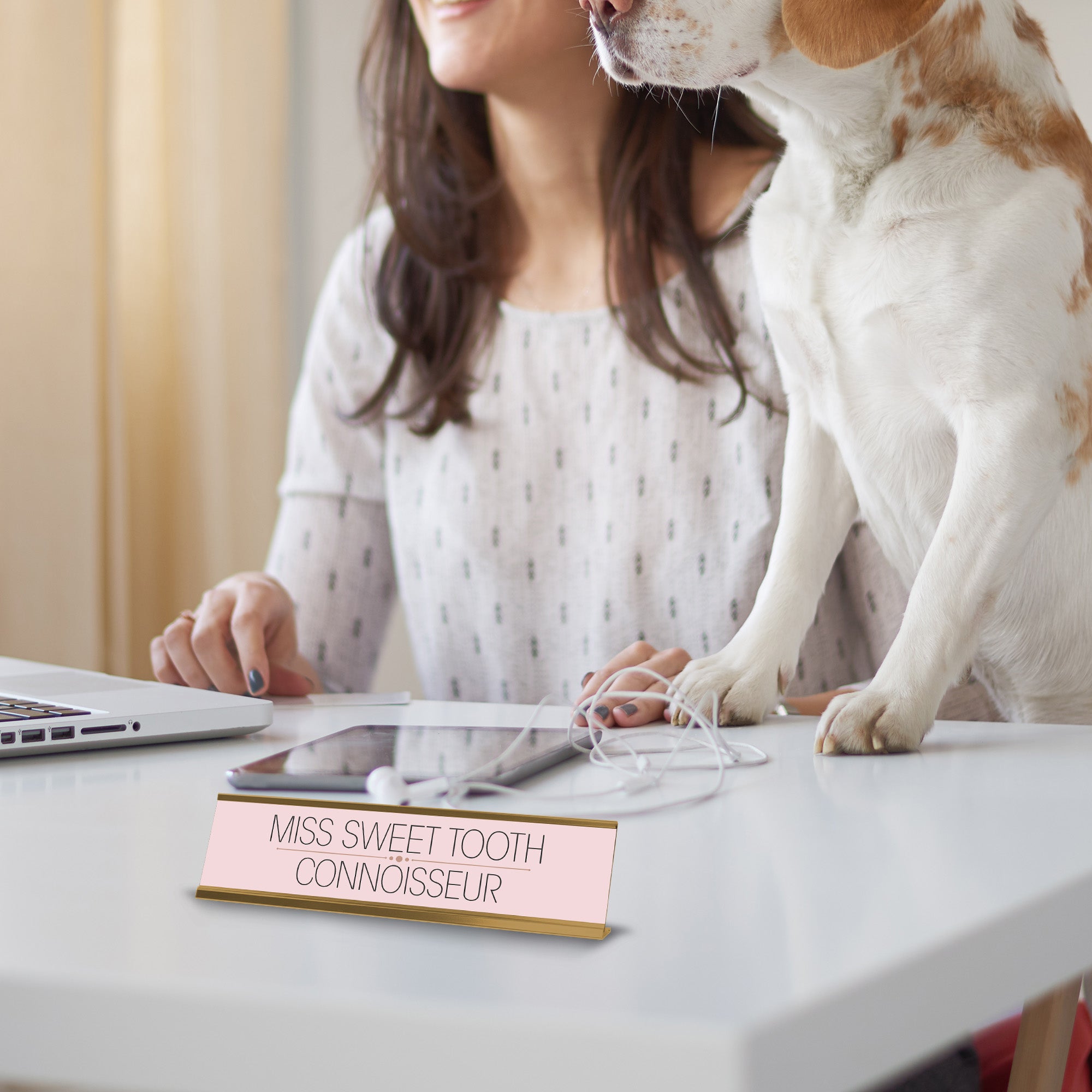 Miss Sweet Tooth Connoisseur Gold Frame Desk Sign (2x8") | Appreciation Idea For Her | Girlfriend| Workspace Decoration