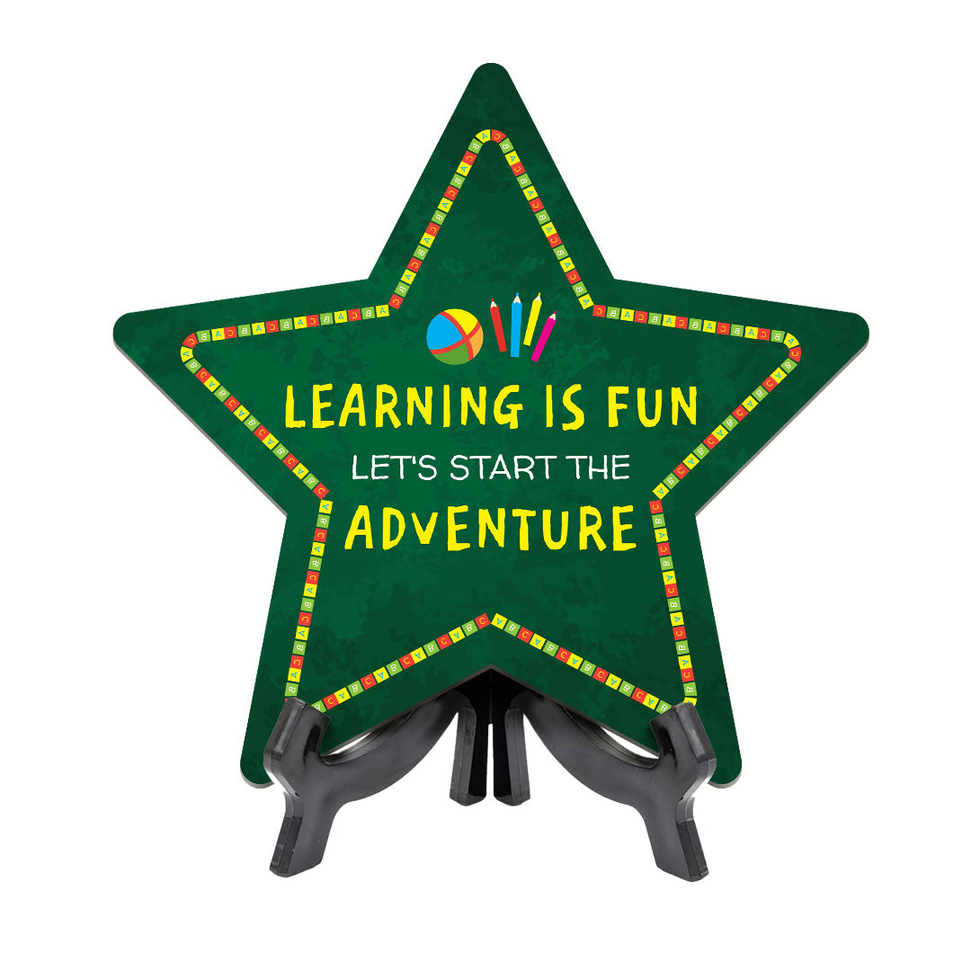 Sign ByLITA Learning is Fun, Let's Start the Adventure Star Table Sign with Acrylic Stand (7.5x7.5“) Development | Kindergarten Classroom Essentials | Nurture Young Minds | Fun & Educational Supplies | Easy to Read | Includes Easel Stand